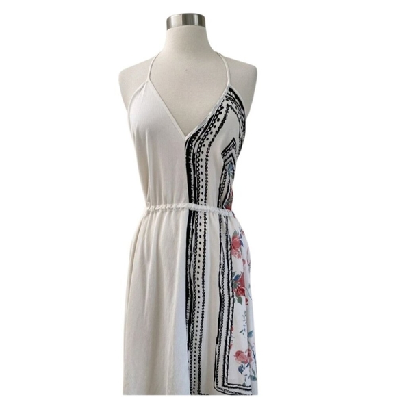 ZARA Combined Asymmetric Halter V-Neck Dress Rose Print Black/White/Red Sz S - Picture 4 of 10